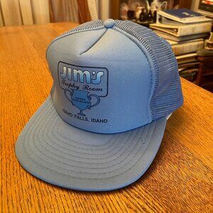 Vintage Men's Jim's Trophy Room Idaho Falls ID Blue Snapback Trucker Hat Cap